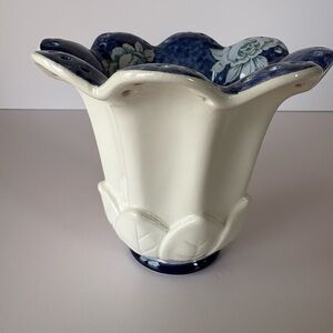 Vintage Grasslands Road White Ceramic Vase with an Embossed Blue Floral Pattern